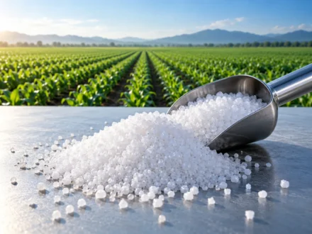 Fertilizante blanco sobre cultivos verdes